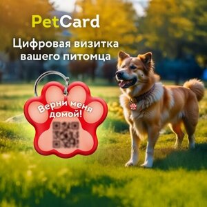Адресник PetCard для собак и кошек с QR кодом и NFC, красный.