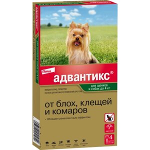 Адвантикс (Elanco) для собак весом до 4 кг для защиты от блох, иксодовых клещей, летающих насекомых и переносимых ими заболеваний. 4 пипетки в упаковке.