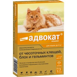 Адвокат кошки (Elanco) - капли на холку от чесоточных клещей, блох и гельминтов для кошек и хорьков до 4 кг – 3 пипетки