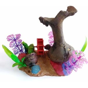 Аквариумный декор, амфора с красной мельницей, зелеными и розово-сиреневыми растениями и голубой ракушкой
