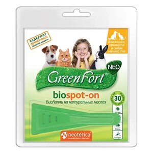 БиоКапли GreenFort NEO от клещей и насекомых, для кошек, кроликов и собак до 10 кг, 1 мл