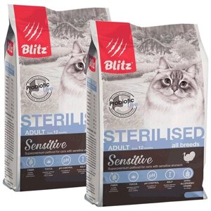 BLITZ SENSITIVE ADULT CAT STERILISED TURKEY для взрослых кастрированных котов и стерилизованных кошек с индейкой (0,4 + 0,4 кг)