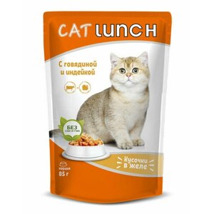 Cat Lunch влажный корм для взрослых кошек кусочки в соусе с говядиной и индейкой, в паучах - 85 г х 24 шт