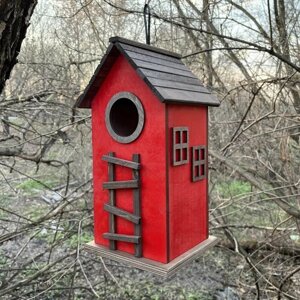 Деревянный скворечник для птиц PinePeak / Кормушка для птиц подвесная для дачи и сада, 350х180х180мм, красный