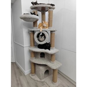 Игровой комплекс с домиком, гамаком, тоннелем и лежанками из ковролина , для кошки , высота 190 см , цвет серый