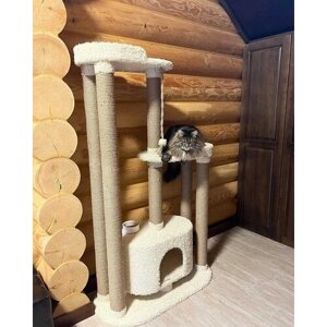 Игровой комплекс с домиком и лежанками из ковролина , для кошки , высота 170 см , цвет коричневый и белый