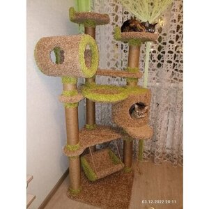 Игровой комплекс с домиком, качелью, гамаком, тоннелем и лежанками из ковролина , для кошки , высота 160 см , цвет коричневый и оливковый