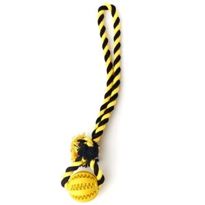 Игрушка для собак мяч с канатом, интерактивный мяч для собак "Чистые Клыки", "Играй Гуляй", цвет: желтый, диаметр 5 см, длина 30 см