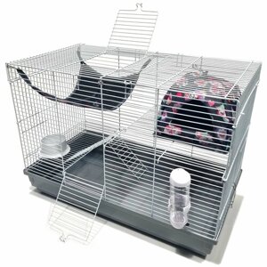 Клетка для грызунов, N1, Клетка для крысы c комплектом: гамак и мягкий домик. Длина 58 см, ширина 32 см, высота 41 см. Серая