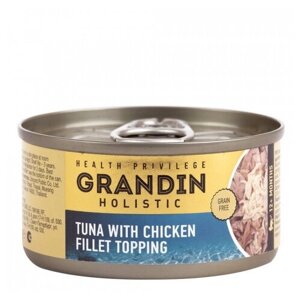 Консервированный корм Grandin для взрослых кошек филе тунца с топпингом из филе цыпленка 80 г, 12 шт