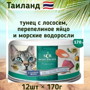 Консервы для кошек Secret Premium тунец с лососем, перепелиным яйцом и водорослями в желе, влажный корм,170г x 12шт
