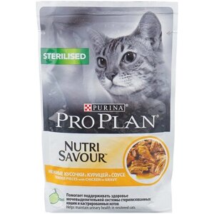 Корм для для стерилизованных кошек и кастрированный котов Pro Plan Nutri Savour с курицей 4 шт. х 85 г (кусочки в соусе)