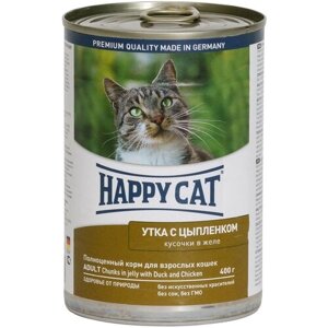 Корм для кошек Happy Cat беззерновой, с цыпленком, с уткой 400 г (кусочки в желе)