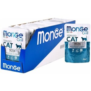 Корм для стерилизованных кошек Monge Grill, беззерновой, с форелью 28 шт. х 85 г (кусочки в желе)