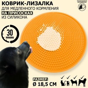 Коврик-лизалка / коврик для лизания / миска для медленного кормления на присосках Meovajio, оранжевый, диаметр 18,5см, для кошек и собак всех пород