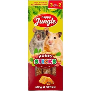 Лакомство для кроликов, хорьков, грызунов Happy Jungle Honey sticks Мед и орехи, 90 г, 3 шт. в уп.