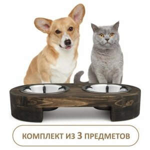 Миска для кошек и собак на подставке. Набор мисок для животных с деревянной подставкой, овал, цвет коричневый