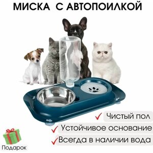 Миска для кошек на подставке с автопоилкой на присосках и бортиком / Кормушка для животных