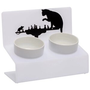 Миска для кошек на подставке с наклоном Artmiska "Шахматы" XS двойная 2x360 мл, белая