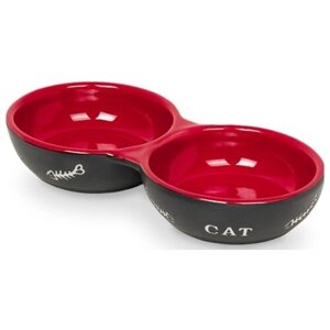 Миска для кошек Nobby "Cat", двойная, цвет: красный, черный, 260 мл
