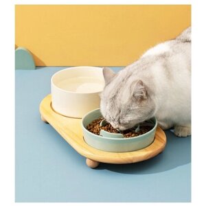 Миска для животных кошек и собак двойная на деревянной подставке "Slow food"