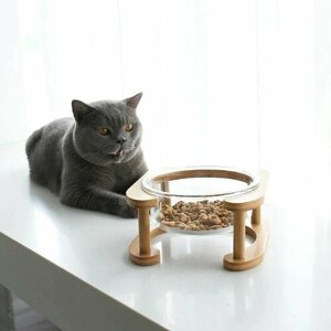 Миска стеклянная для кошек и собак на деревянной подставке
