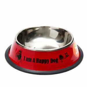 Миска железная с нескользящим основанием "I am Happy Dog" 15 х 3,5 см, 230 мл, красная