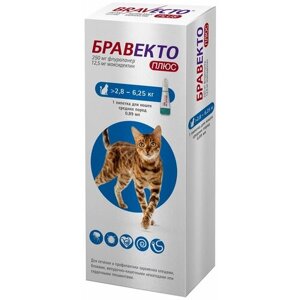 MSD Animal Health раствор от блох и клещей Бравекто Плюс для средних пород 2.8-6.25 кг для кошек от 2.8 до 6.25 кг 1 уп.