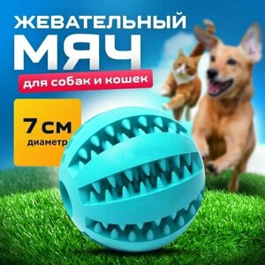 Мяч для собак голубой 7 см/для чистки зубов /развивающая жевательная игрушка для мелких и средних пород