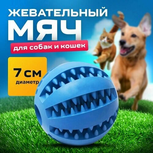 Мяч для собак синий 7 см/для чистки зубов /развивающая жевательная игрушка для мелких и средних пород