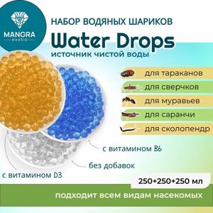 Набор 3 видов водяных шариков MANGRA exotic Water Drops: 1) без добавок, 2) с витамином B6, 3) с витамином D3 (по 250 мл) - источник чистой воды для насекомых