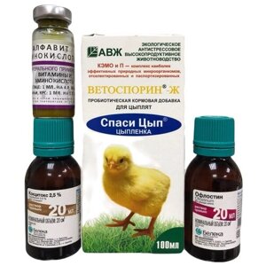 Набор для выращивания птицы (кокцидиостатик 20мл, антибиотик 20мл, пробиотик 100мл, витамины 10мл)
