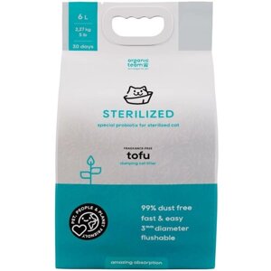 Наполнитель Organic Team Tofu Sterilized для кошачьего туалета из тофу, комкующийся, растительный, с пробиотиками для смягчения контакта с наполнителем, смываемый,6 л.