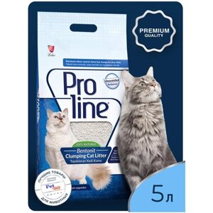 Наполнитель Proline для кошачьего туалета бентонитовый, комкующийся, глиняный, без пыли, без запаха 5 л.
