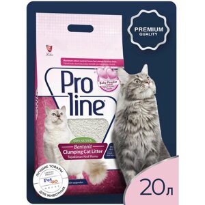 Наполнитель Proline для кошачьего туалета бентонитовый, комкующийся, глиняный, без пыли, с ароматом детской присыпки 20 л.