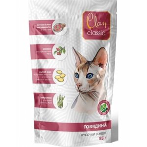 Пауч CLAN CLASSIC для кошек, Говядина, клюква, спирулина, кусочки в соусе, 85г