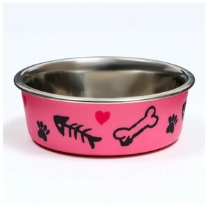 Пижон Миска металлическая в пластиковом корпусе "Собачья любовь", 445 мл, розовая
