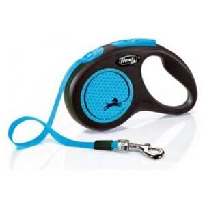 Поводок-рулетка для собак Flexi New Neon M ленточный 5 м 11 мм голубой/черный