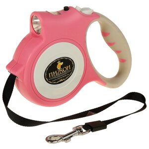 Поводок-рулетка для собак Пижон с фонариком, до 35 кг 5 м розовый