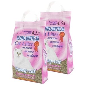 PUSSY-CAT комкующийся прасковейский розовый наполнитель комкующийся для туалета кошек (4,5 + 4,5 л)