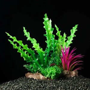 Растение искусственное аквариумное на платформе в виде коряги, 18 см, зелёное 1уп*1шт