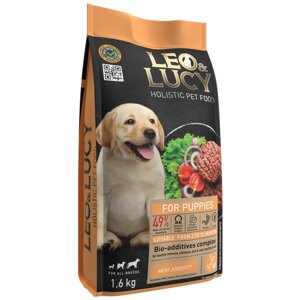 Сухой холистик корм для щенков всех пород LEO&LUCY полнорационный мясное ассорти с овощами и биодобавками, 1,6кг