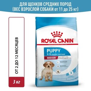 Сухой корм Royal Canin Medium Puppy (Медиум Паппи) для щенков (для средних пород) до 12 месяцев, 3кг