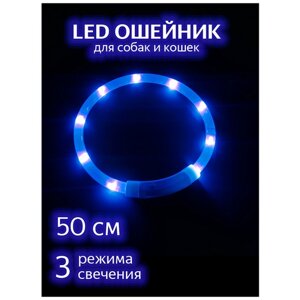Светящийся ошейник для собак / Синий 50см / Светодиодный LED ошейник для собак / Дрессировка / Поводок