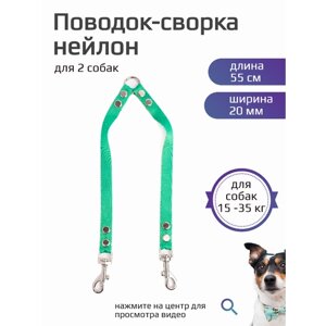 Сворка Хвостатыч для двух собак средних пород нейлон 55 см х 20 мм (бирюзовый)