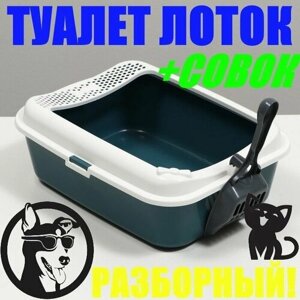 Туалет лоток для кошек и собак "Василий" с бортом + совок в комплекте, 30 см х 39 см х 13,5 см, Белый/серый