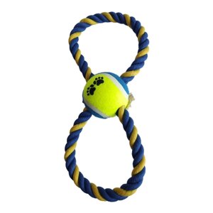 Верёвочная игрушка для собак, восьмёрка с мячом "Чистый Котик" 33 см, 150g синий