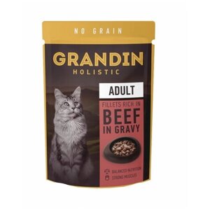Влажный корм для кошек Grandin, кусочки с говядиной в соусе пауч, 85г, 12 шт