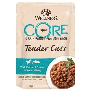 Влажный корм для кошек Wellness CORE Tender Cuts, беззерновой, лосось, курица 6 шт. х 85 г (кусочки в соусе)