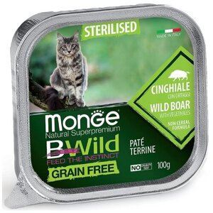 Влажный корм для стерилизованных кошек Monge BWILD Feed the Instinct, беззерновой, с кабаном, с овощами 100 г (паштет)